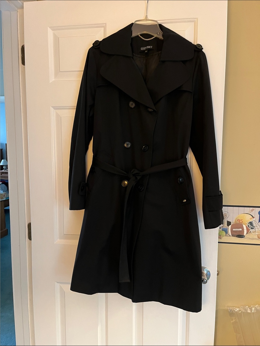 Ellen Tracy Black Double-Breasted Trench Coat with Tie Belt